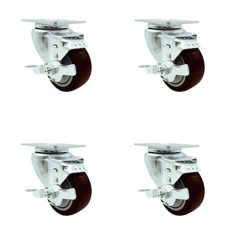 Service Caster 3.5 Inch Maroon Polyurethane Wheel Swivel Top Plate Caster Set with Brake SCC SCC-20S3514-PPUB-MRN-TLB-TP2-4